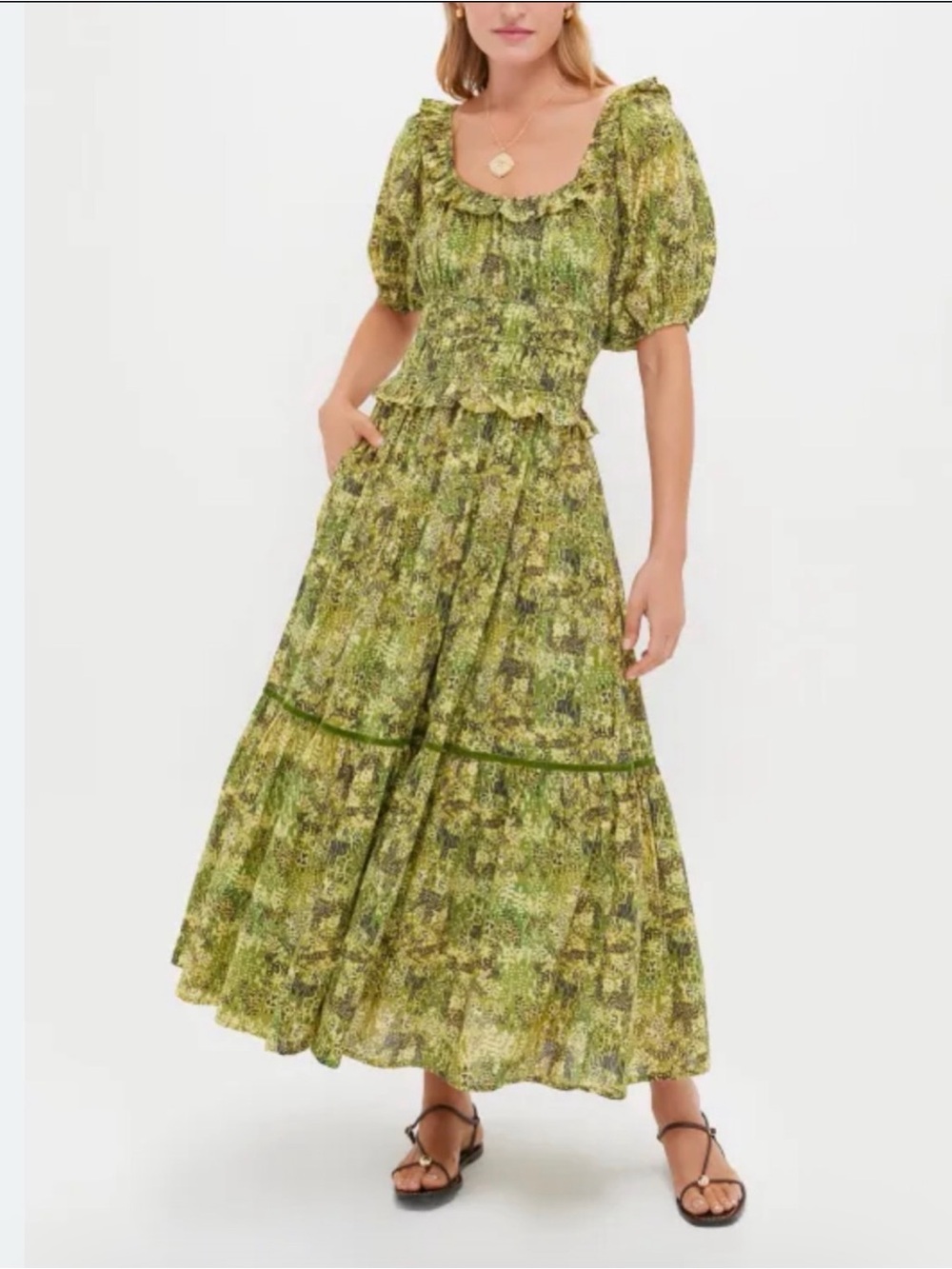 Tuckernuck Green Floral Puff-Sleeve Maxi Dress